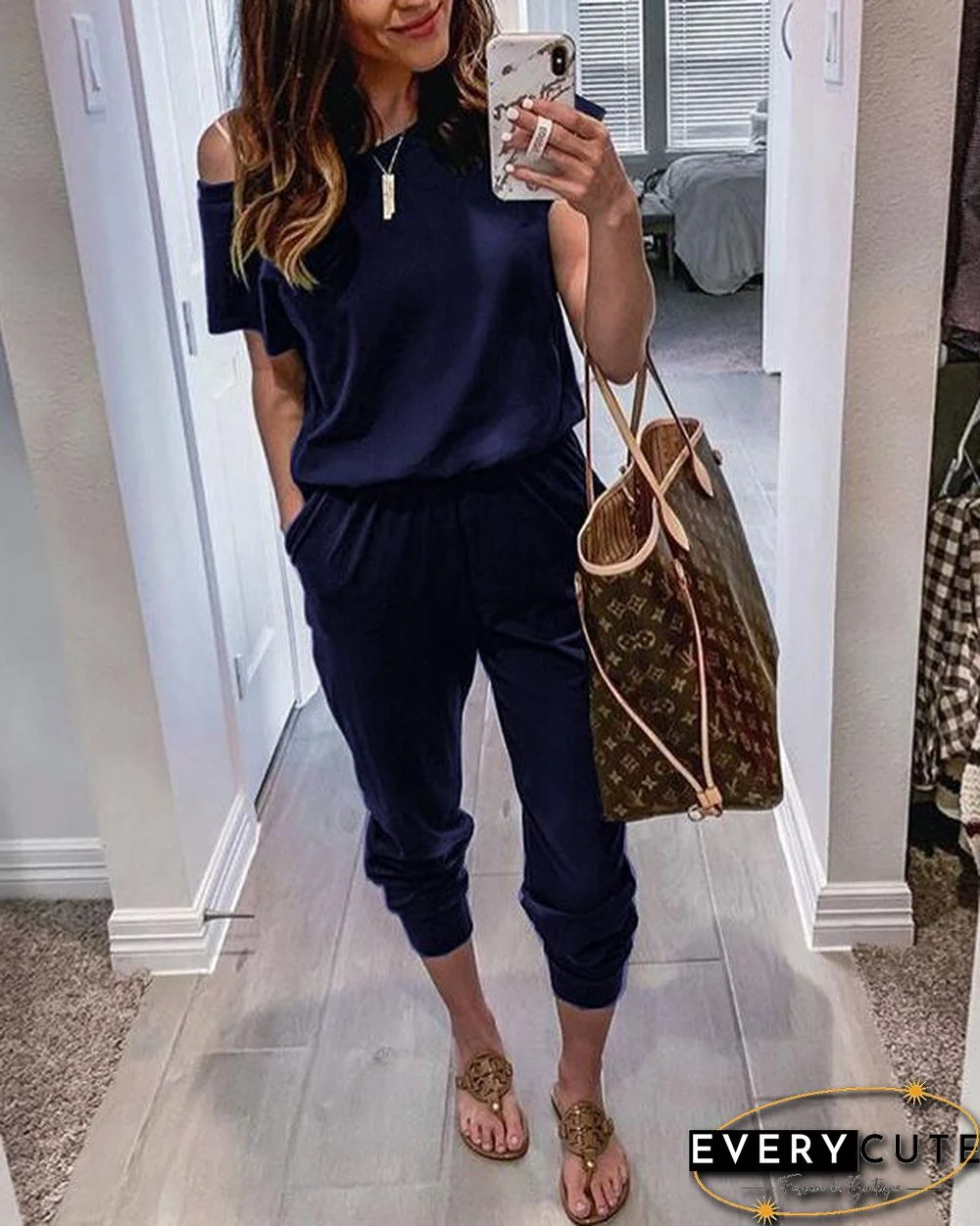 Short Sleeves Pockets Jumpsuit