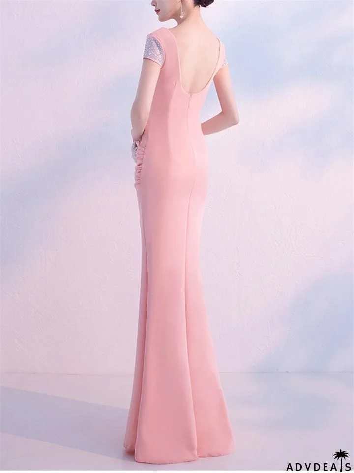 Sexy V Neck Side Slit Beaded Formal Dress for Dinner