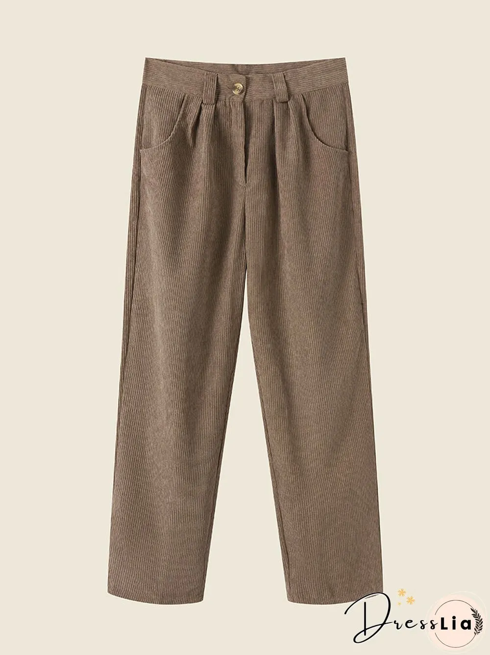 High Waist Corduroy Solid Pocket Casual Women Pants