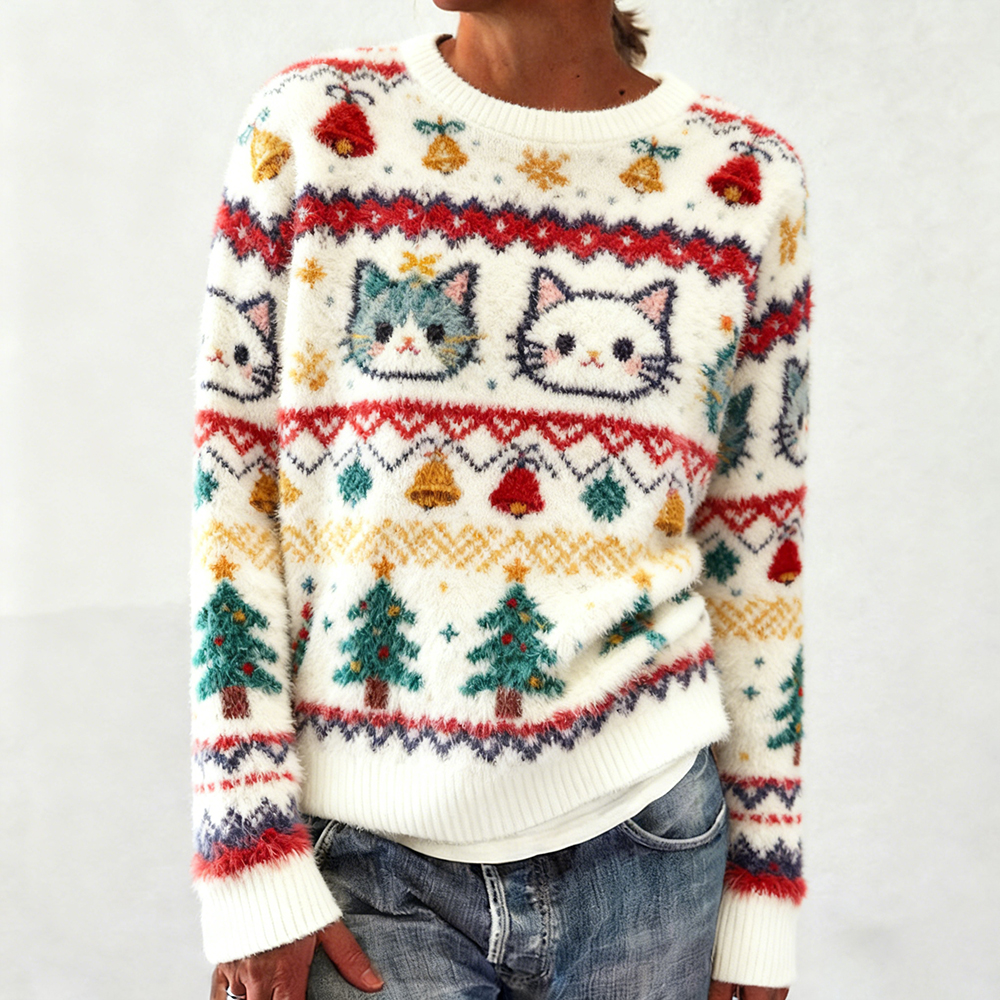 Christmas Cat Tifany's Island Knitted Crew Neck Sweater elevenforest