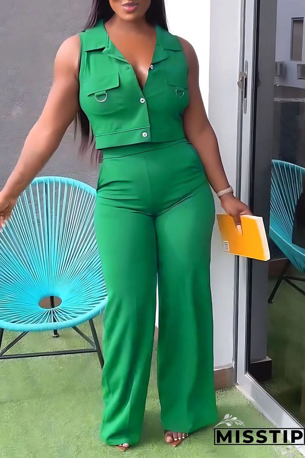 Blue Casual Elegant Solid Patchwork Buckle Turndown Collar Sleeveless Two Pieces