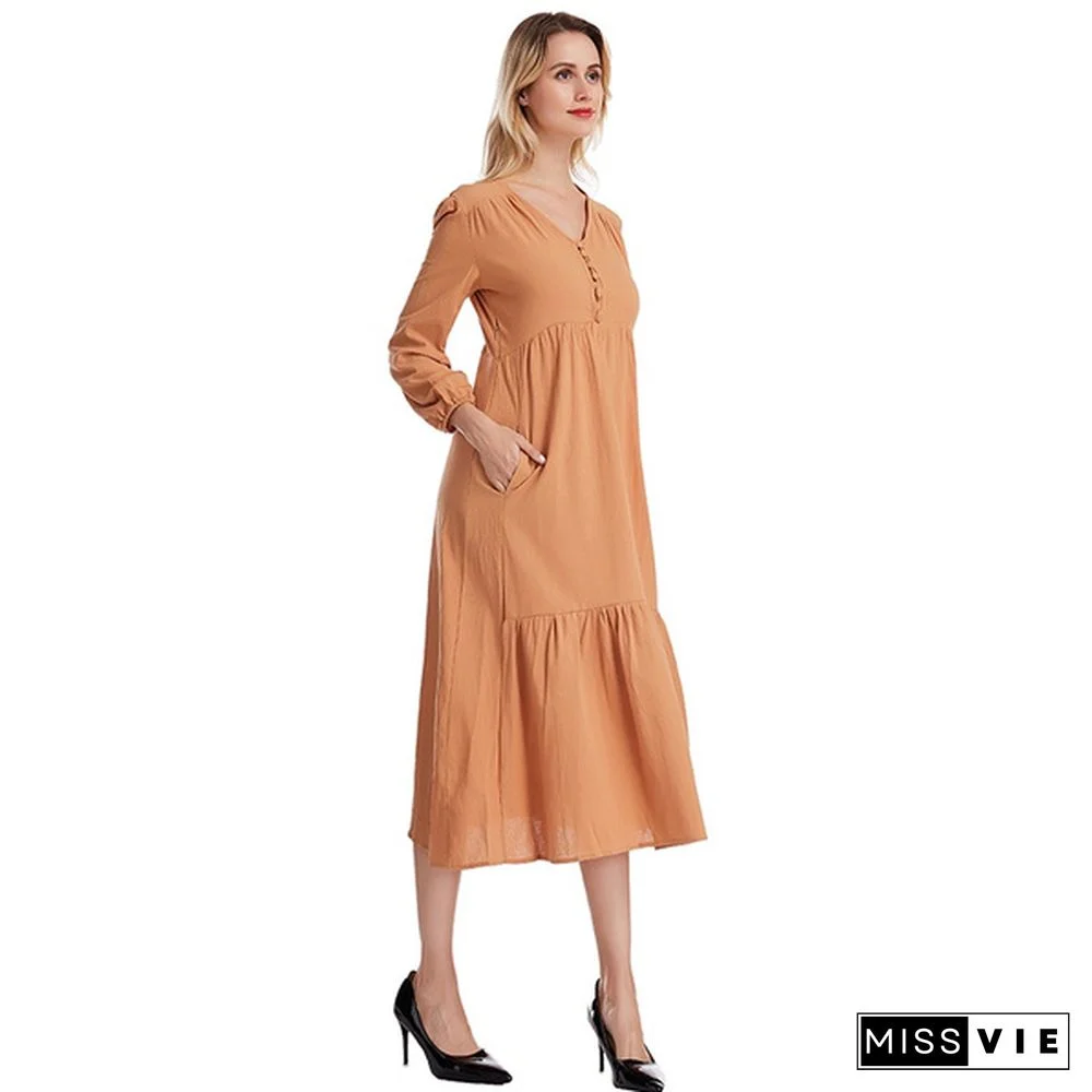 Autumn and Winter Women's Fashion Casual Button Retro Long-sleeved Dress