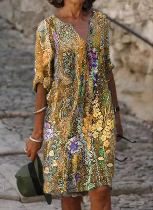 Older Women Floral Tunic V-neck A-line Dress