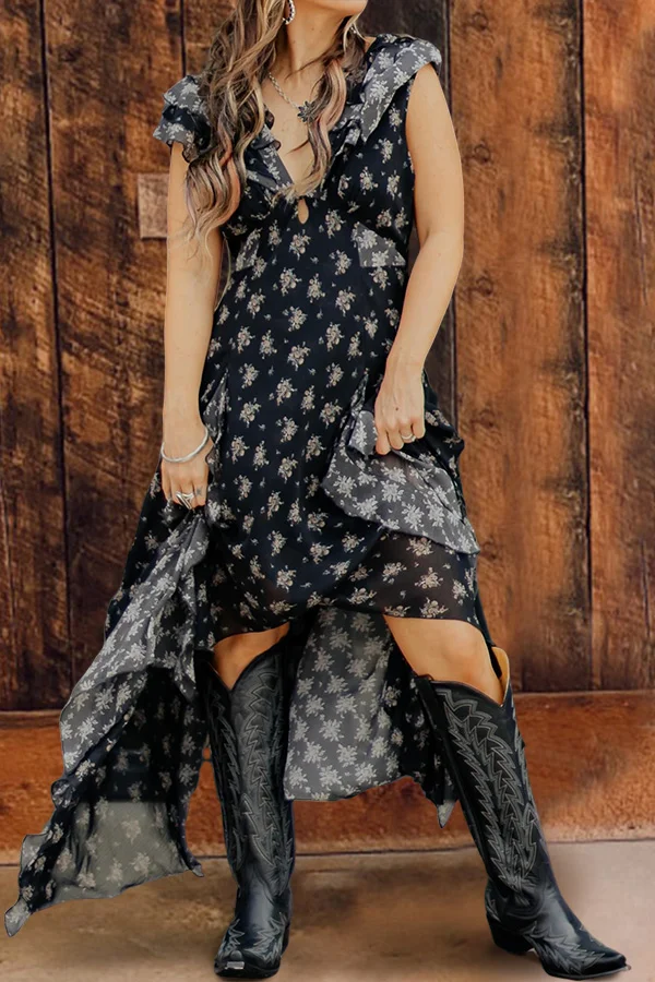 Floral Print Slit Ruffle Dress