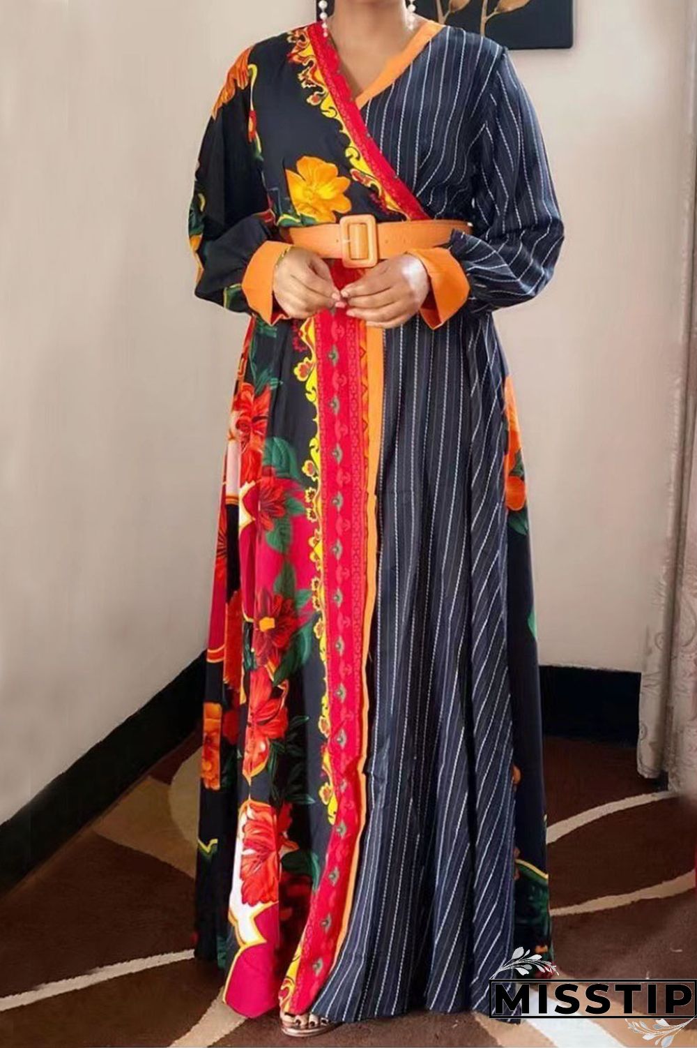 Deep Blue Print Patchwork V Neck Straight Plus Size Dresses