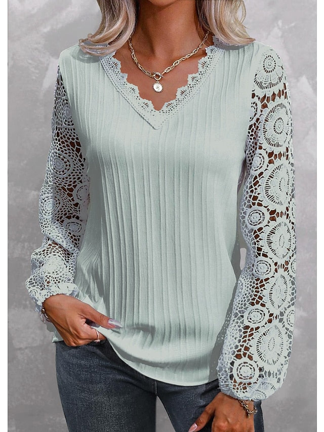 Womens Lace Shirt blouse plain black white pink long casual elegant fashion basic neck