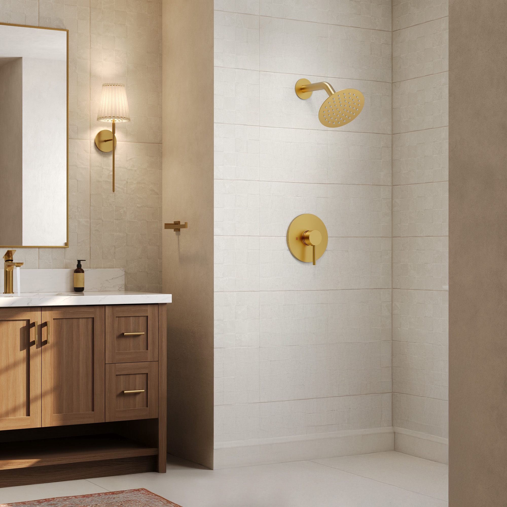 Round 1-Spray 6 in. Wall Mount Fixed Shower Head with High Pressure in Brushed Gold Valve Included