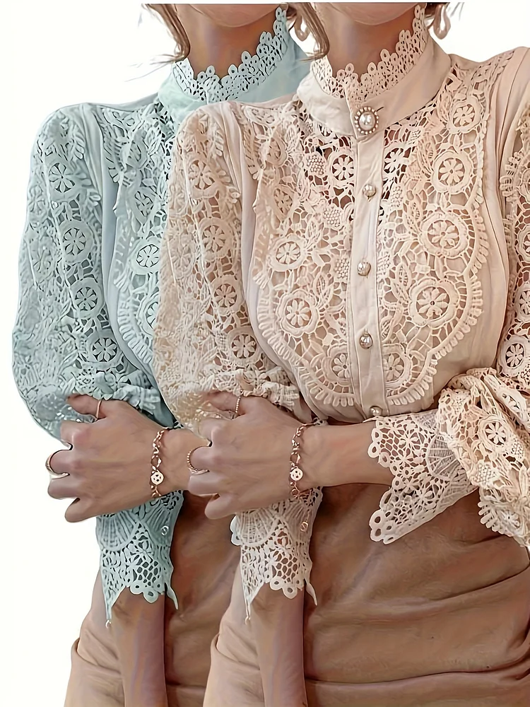 2pcs Women's Fashion French Shirt Heavy Duty Lace Hollow Flower Long Sleeve Lace Standing Collar Single Row Button Top Two Piece Set