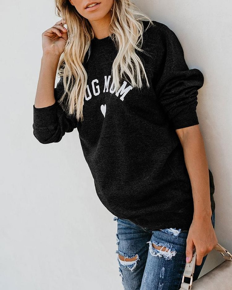 Letter Heart Print Round Neck Casual Sweatshirt