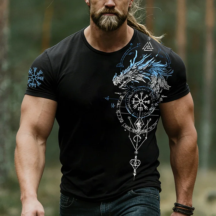 Men's Viking Vegvisir With Dragon Print Comfy T-shirt