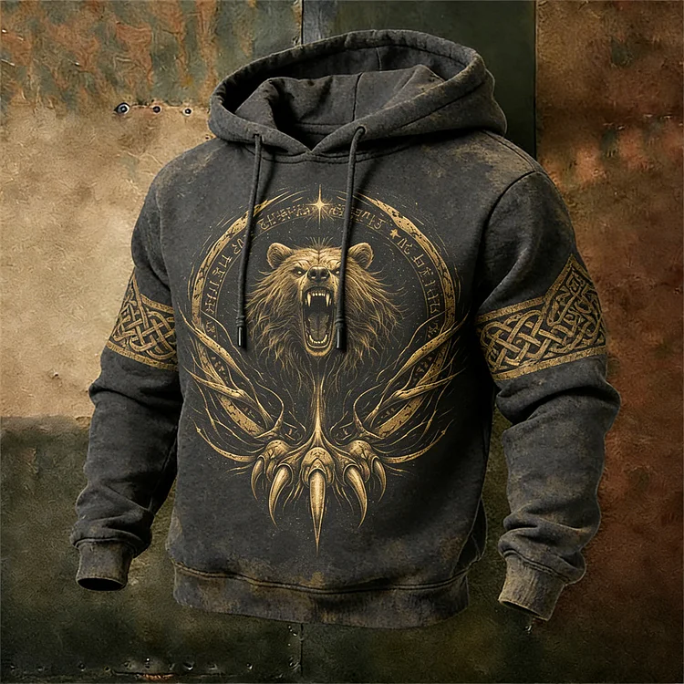 Viking Bear Pattern Men's Vintage Hoodie