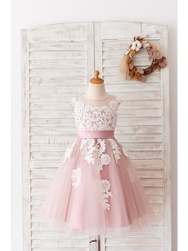 Oknass Ball Gown Sleeveless Jewel Neck Flower Girl Dress Lace Tulle  With Belt  Buttons