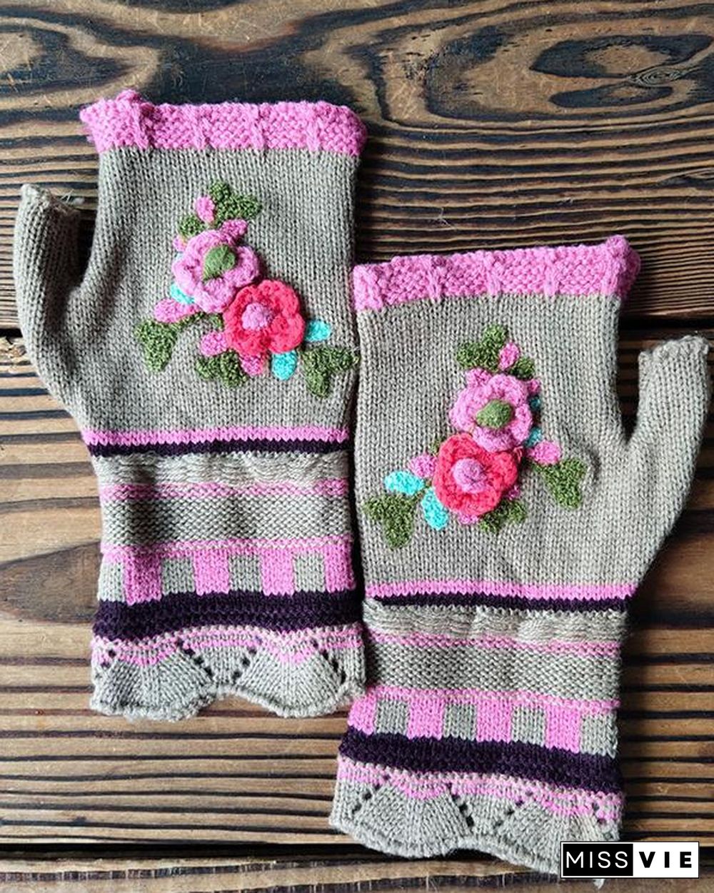 Casual Flower Decor Knitted Gloves Handwarmers