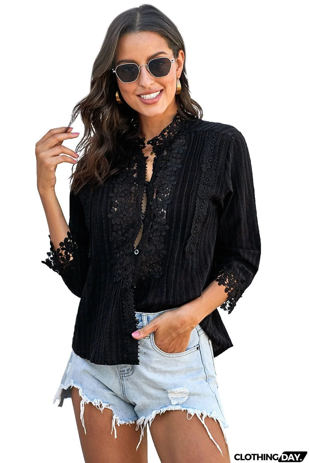 Black Sweet Mary Crochet Lace Shirt