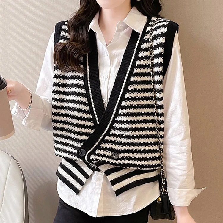Sleeveless Casual Knitted Stripes Vests QueenFunky