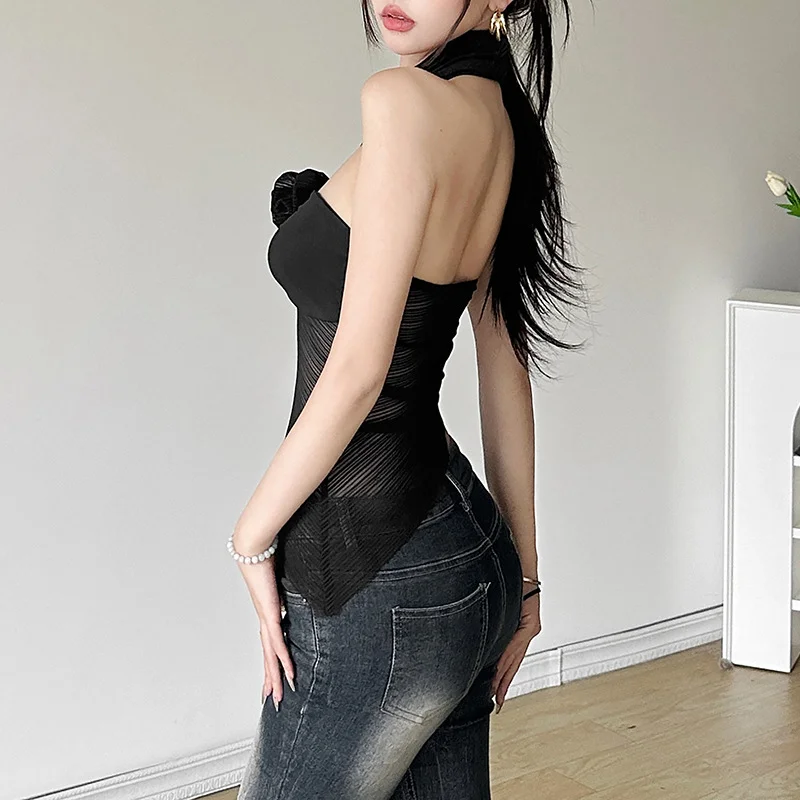 Churchf 2024 Summer New Women's Wear Hanging Neck Bare Back Repair Body Mesh Perspective Irregular Small Vest