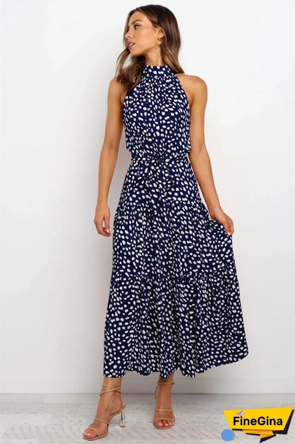 Plus Size Elegant Ladies Dress Sleeveless Collect Waist Polka Dot Long Boho Casual Beach