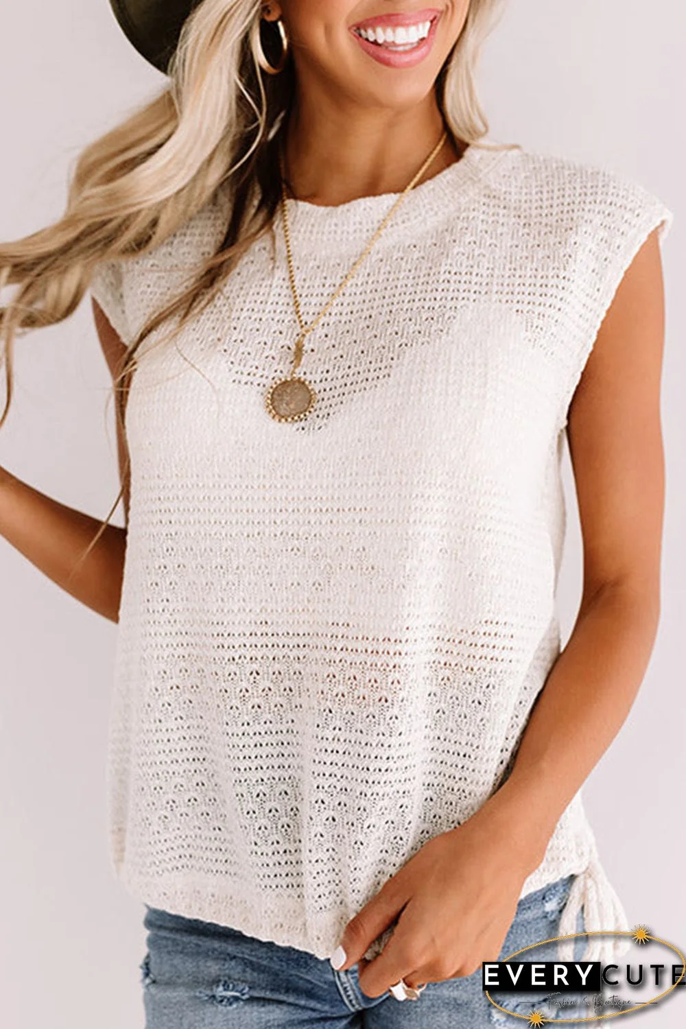 White Side Drawstring Knitted Tank Top