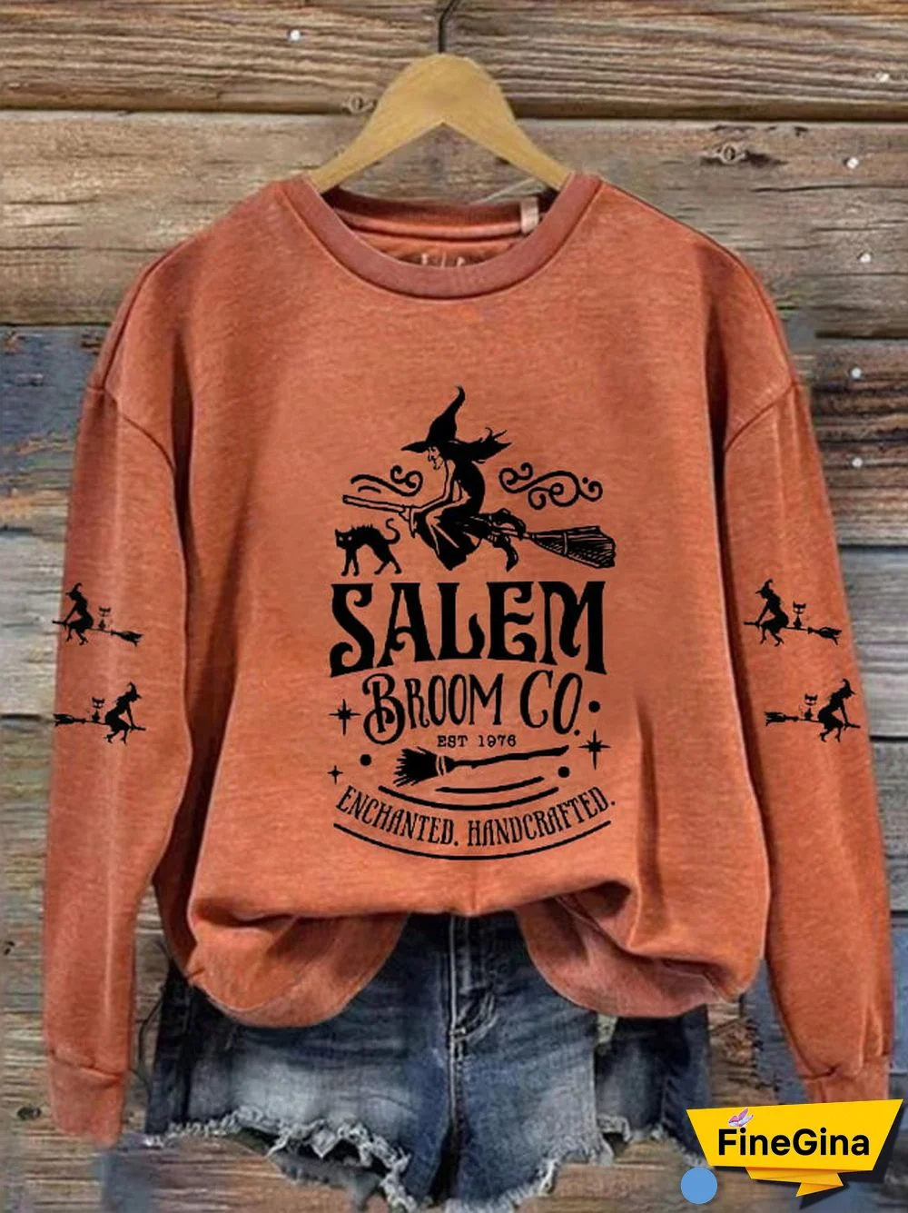 Women's Halloween Salem Broom Co Round Neck Long Sleeve Sweatshirt