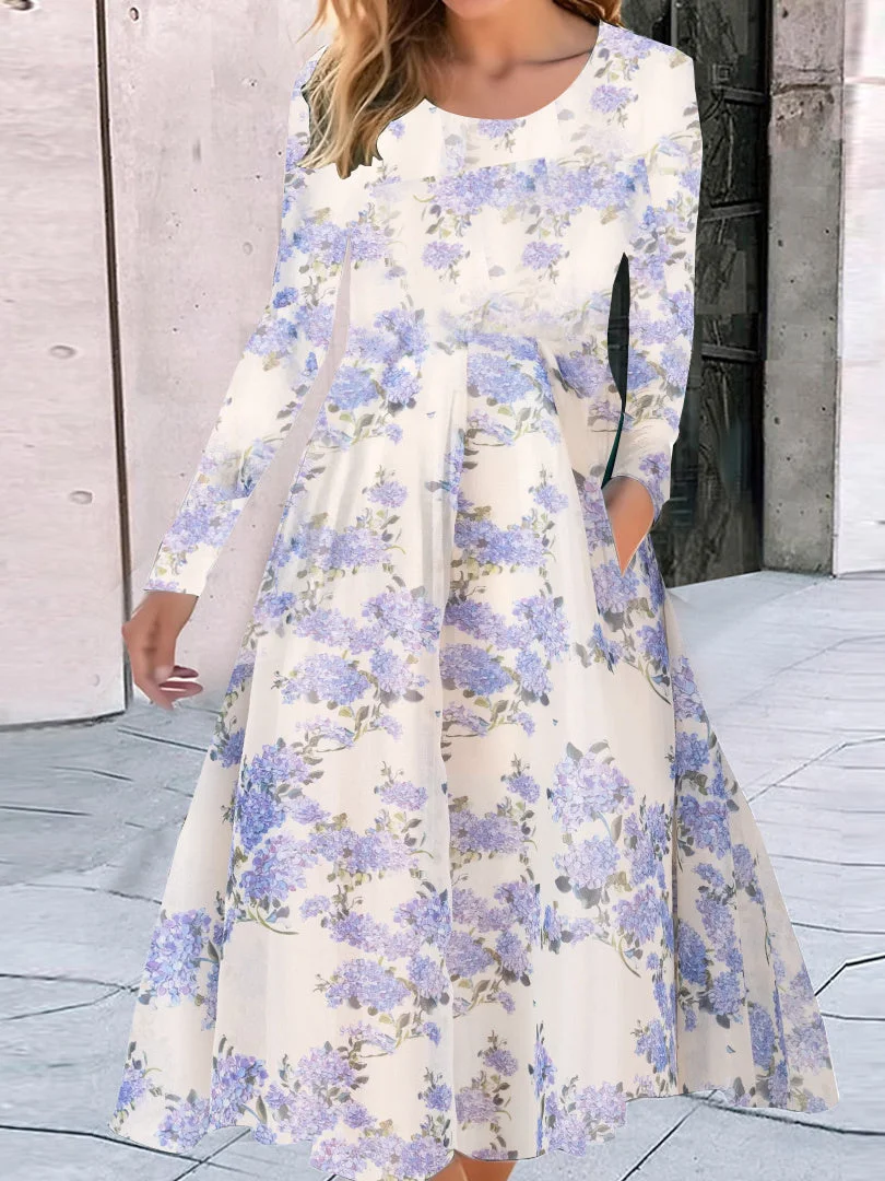 Women's Floral Printed Long Sleeve Scoop Neck Midi Dress