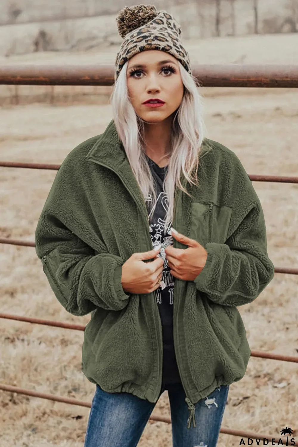 Zip Up Sherpa Coat With Pocket