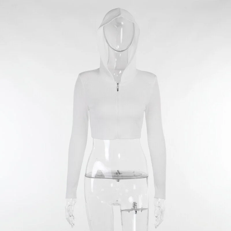 WannaThis Korean Fashion Ribbed Tops Women's Sexy Long Sleeve Woman Hooded Skinny Minimalist Autumn 2021 Basic Zipper T-shirts