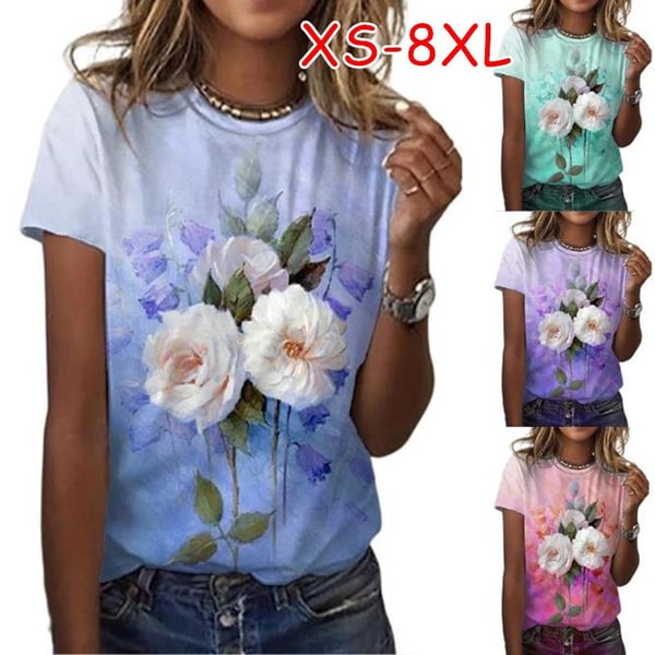 XS-8XL Summer Clothes Women's Fashion Casual O-neck Short Sleeved Tops Ladies Floral Printed Blouses Loose T-shirts Plus Size Cotton Shirts - Shop Trendy Women's Fashion | TeeYours