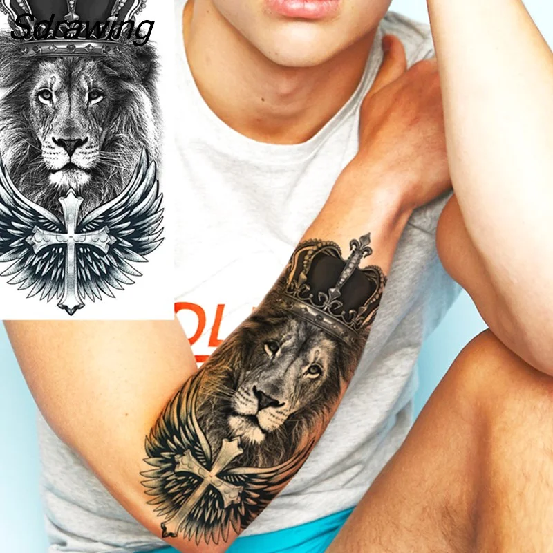 Sdrawing Warrior Punk Skeleton Gangster Rose Flower Temporary Tattoos For Women Men Lion Tiger Skull Rose Fake Tattoo Sexy Arm