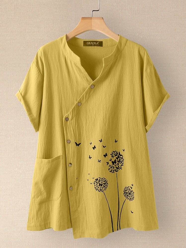 Butterfly Flower Print Irregular Button Short Sleeve 100% Cotton Blouse With Pocket P1689373