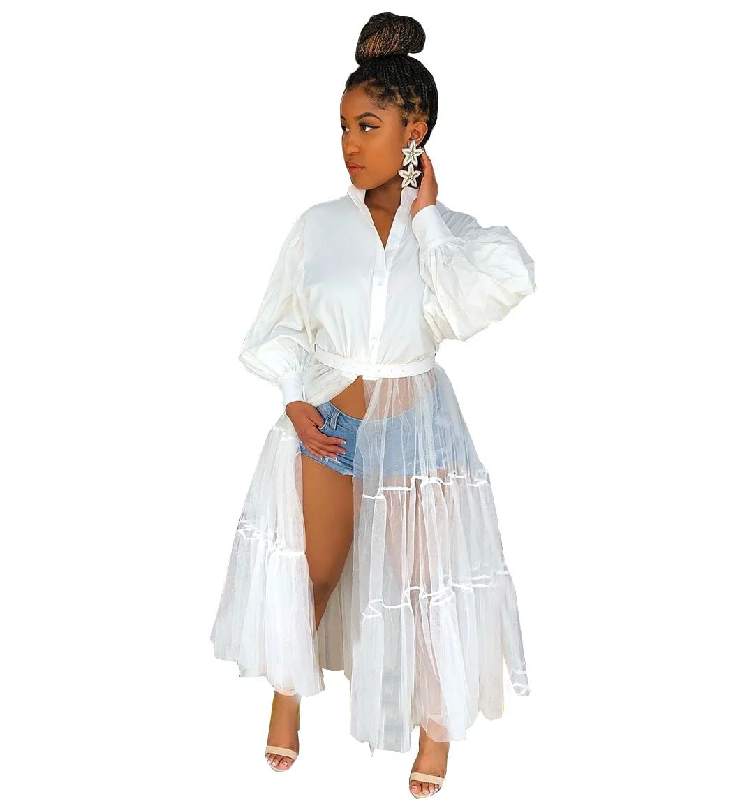 CM.YAYA Women Summer Long Sleeve Maxi Blouses Mesh Patchwork Long Dress Vintage Sexy Club Maxi Dresses