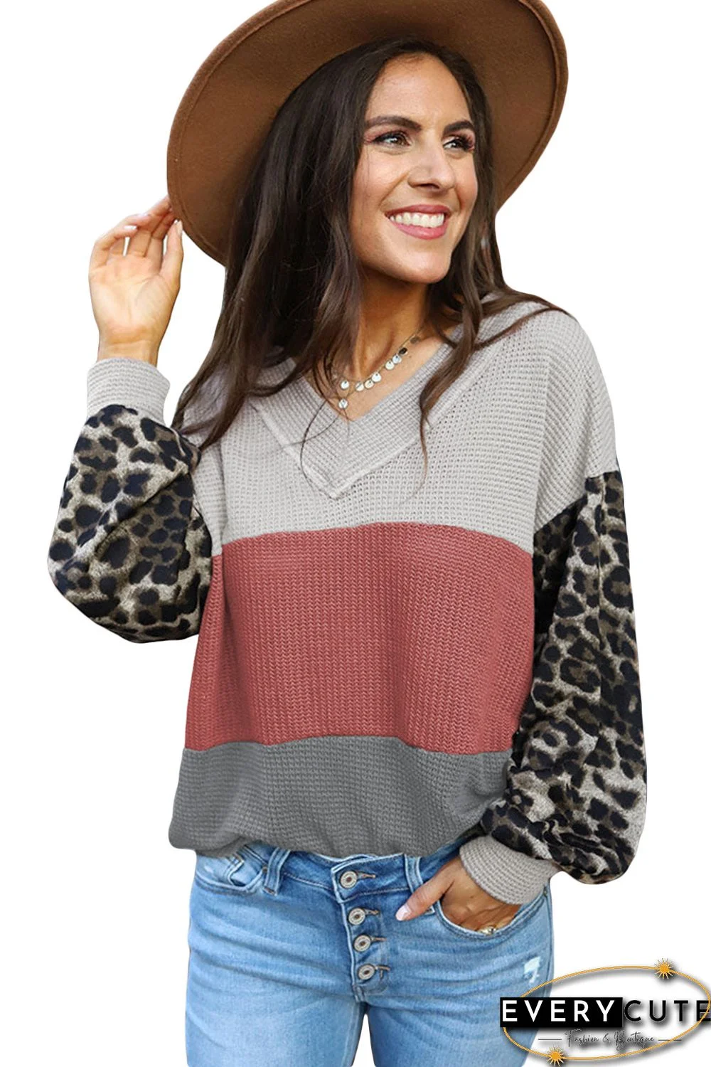 Red Wild Leopard Contrast Sleeve Colorblock Waffle Knit Top