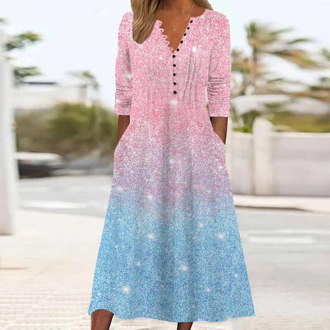 Women Colorblock,Blue DZHB8316 Long Sleeve V-Neck Graphic Printed Midi Dress