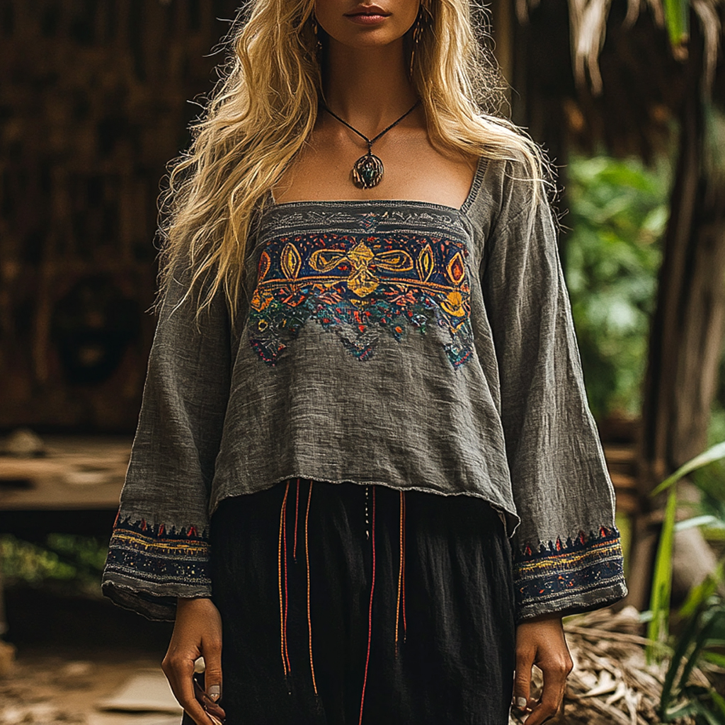 Women's Bohemian Vacation Retro Embroidered Printed Casual Long Sleeve Top