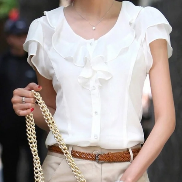 Spring Summer New Women Clothing Girl Casual Bow tie Short Sleeve Chiffon Blouse & Shirt Office Lady Ruffles Formal Tops