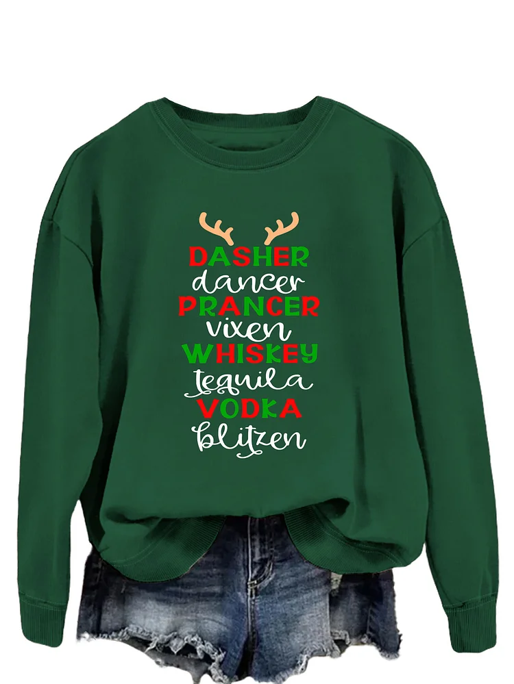 Womens Merry Christmas Letter Print Dasher Dancer Prancer Crew Neck Sweatshirt