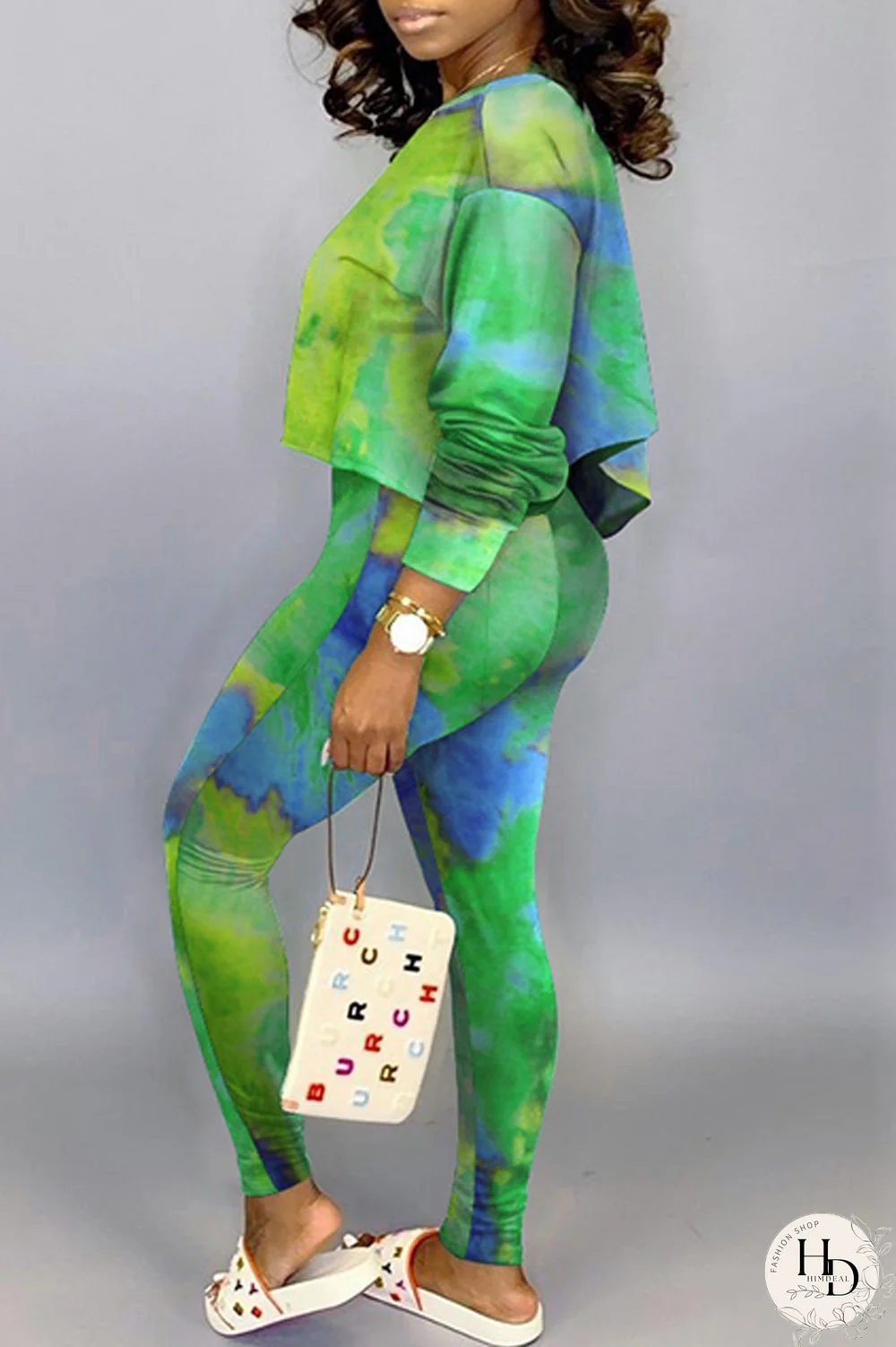 Green Fashion Casual Print Tie-dye Oblique Collar Long Sleeve Two Pieces