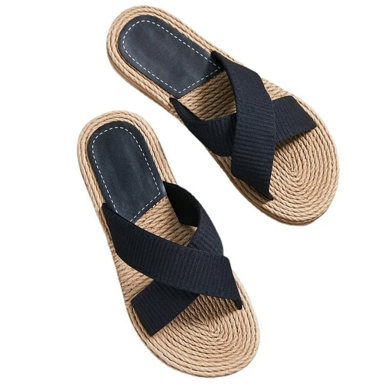 New Fashion Summer Ladies Flax Home Cross Lace Slippers Women Large Size Beach Flip Flops Female Non-Slip Family Slippers hy434