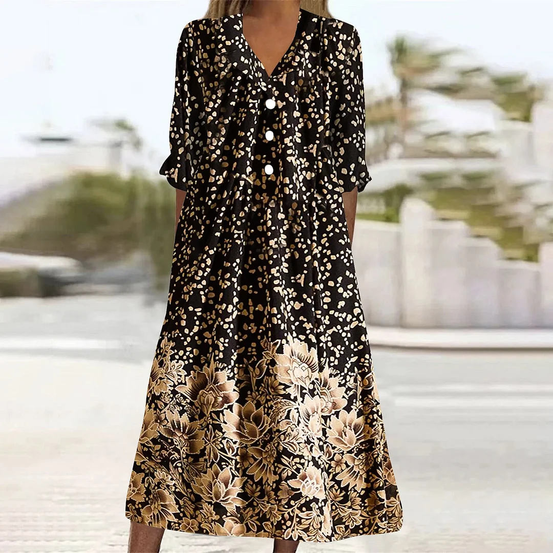 Women Casual Loose Dress with Pockets in Pattern Black, Khaki, Floral