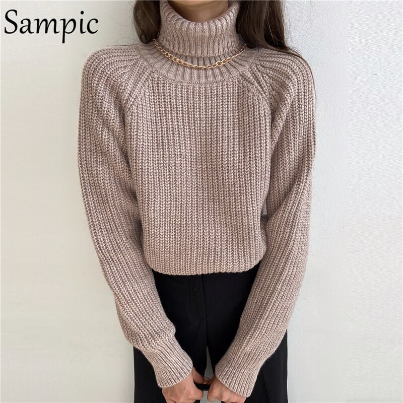 Sampic Casual Women Knitted Khaki Long Sleeve Pullovers Cropped Sweater Turtleneck Pink Oversized Sweater Tops Winter 2020