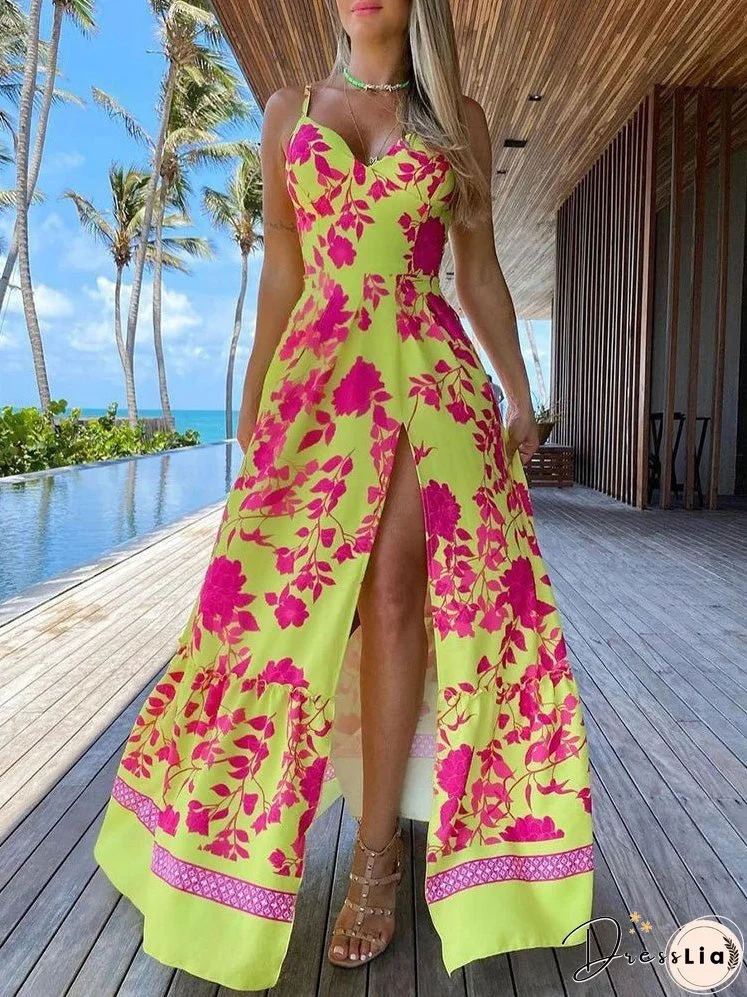 Women's Dresses V-Neck Suspender Print Slit Dress