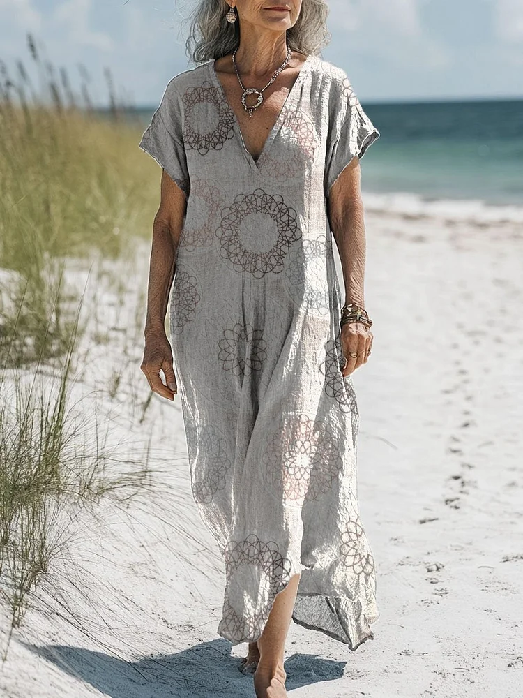 Women's Retro Pattern Circle Art Print Pocket Cotton Dress
