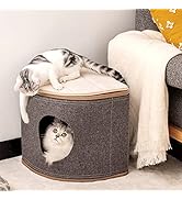 Cat House Cat Bed for Indoor Cats, Wooden Cat House Cave with 2 Removable Washable Cushions, Wood...