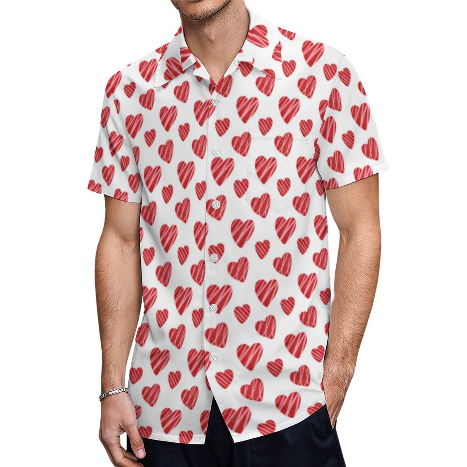 Whimsical Red Hearts Valentines Day Hawaiian Shirt Mens Button Down Plus Size Tropical Hawaii Beach Shirts