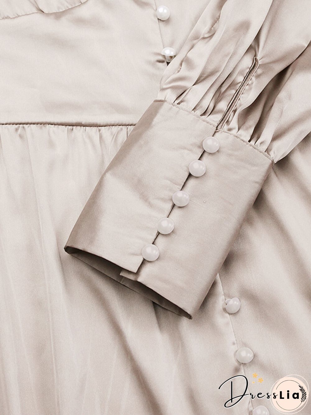 Solid Color Patchwork Puff Sleeves V-neck Satin Casual Dress