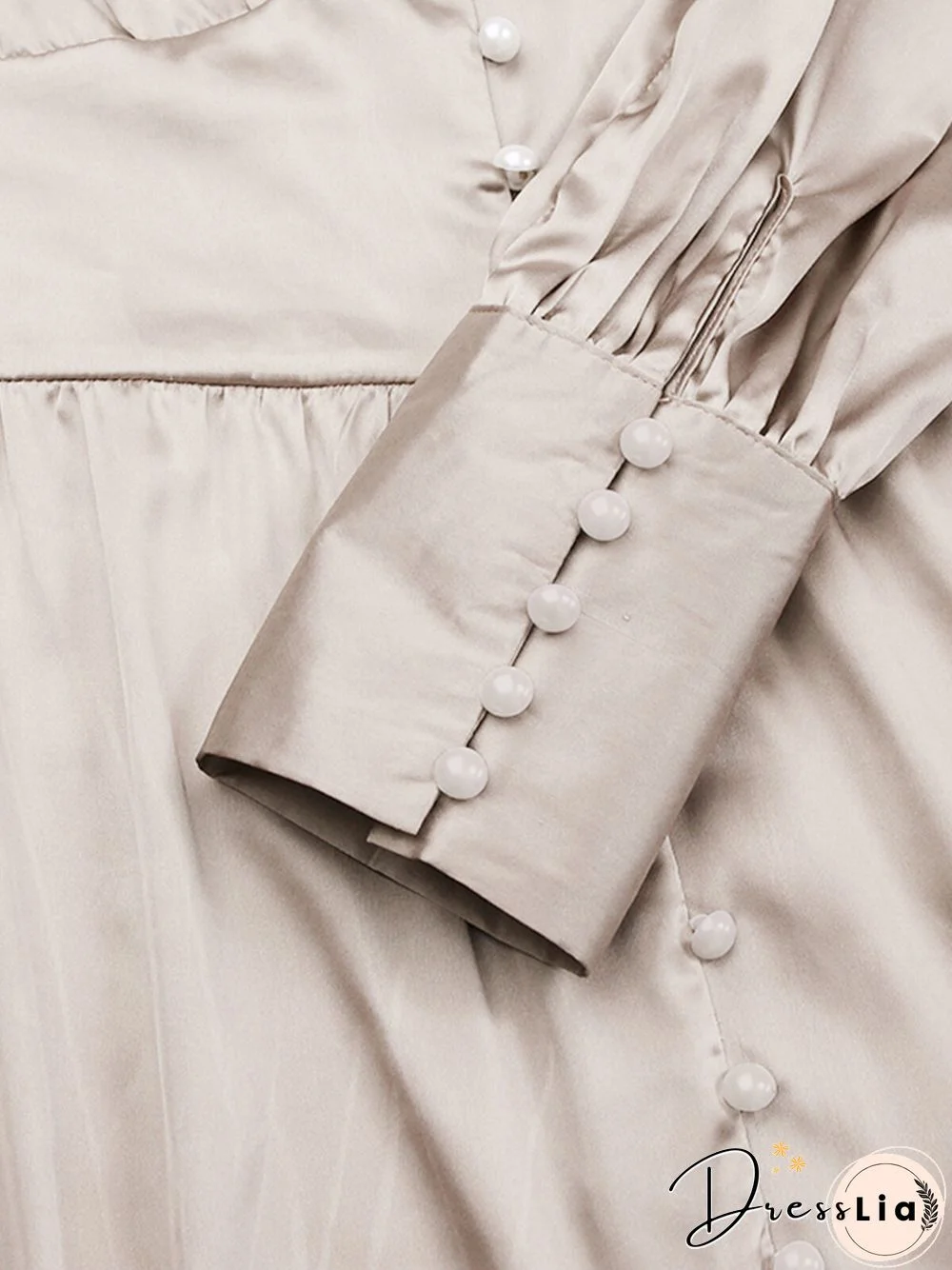 Solid Color Patchwork Puff Sleeves V-neck Satin Casual Dress