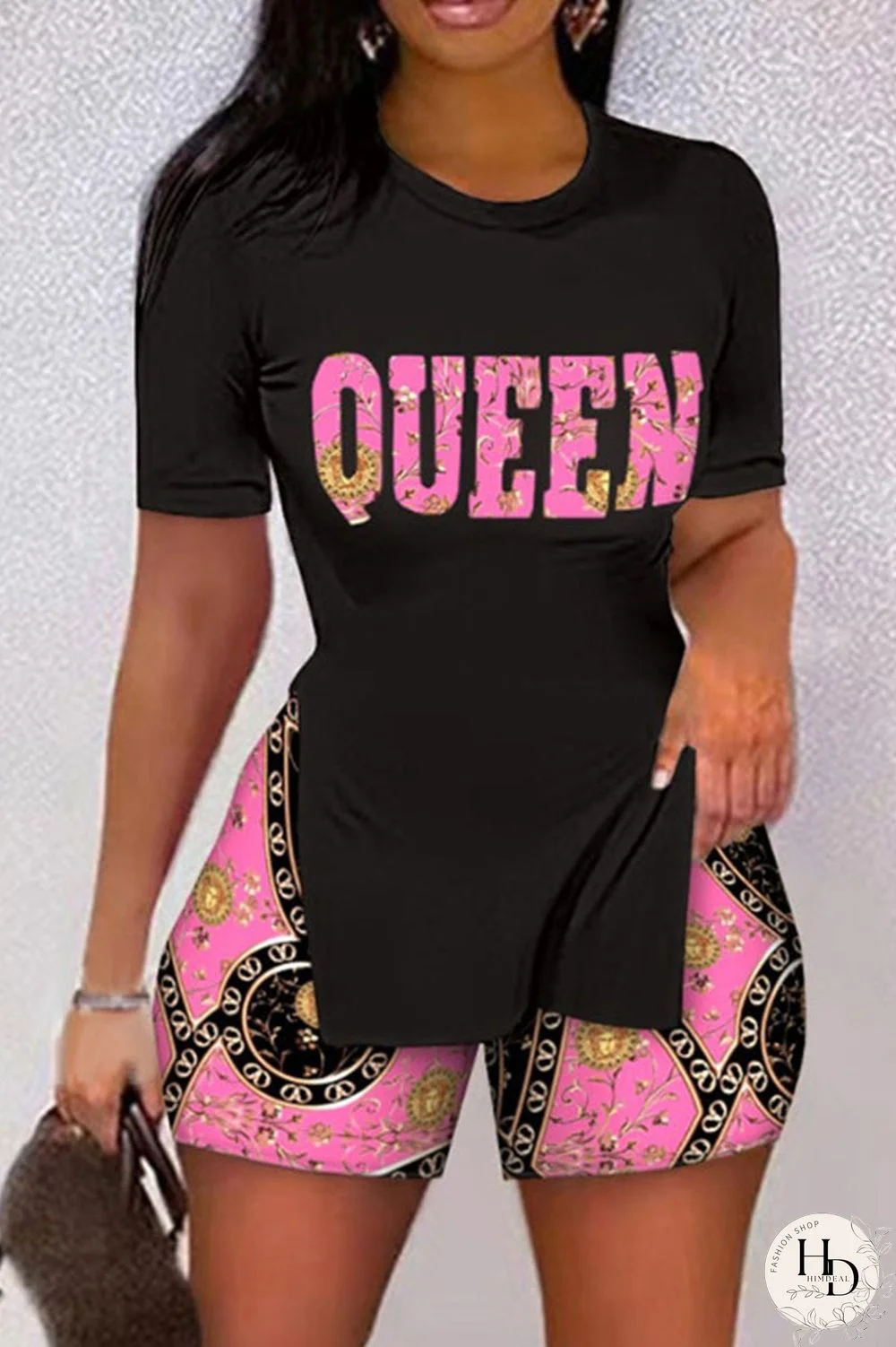 Brown Casual Print Patchwork Slit O Neck Short Sleeve Two Pieces