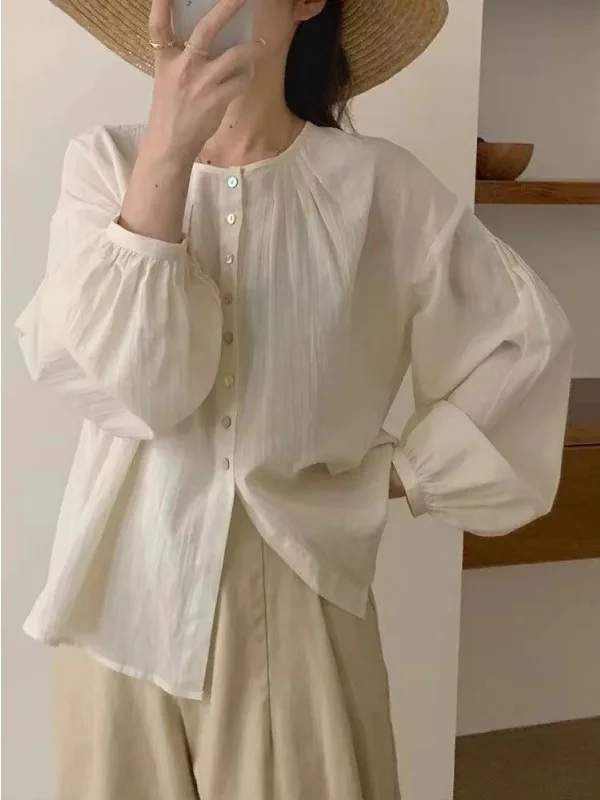Elegant Round Neck Solid Color Pleated Long-Sleeved Shirt