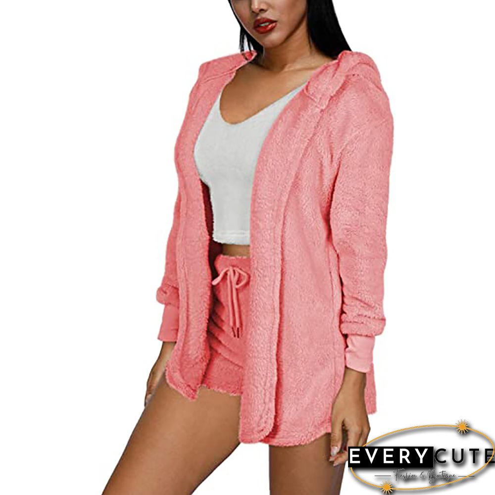 Light Pink Plush Hoodie with Shorts and White Vest 3pcs Set