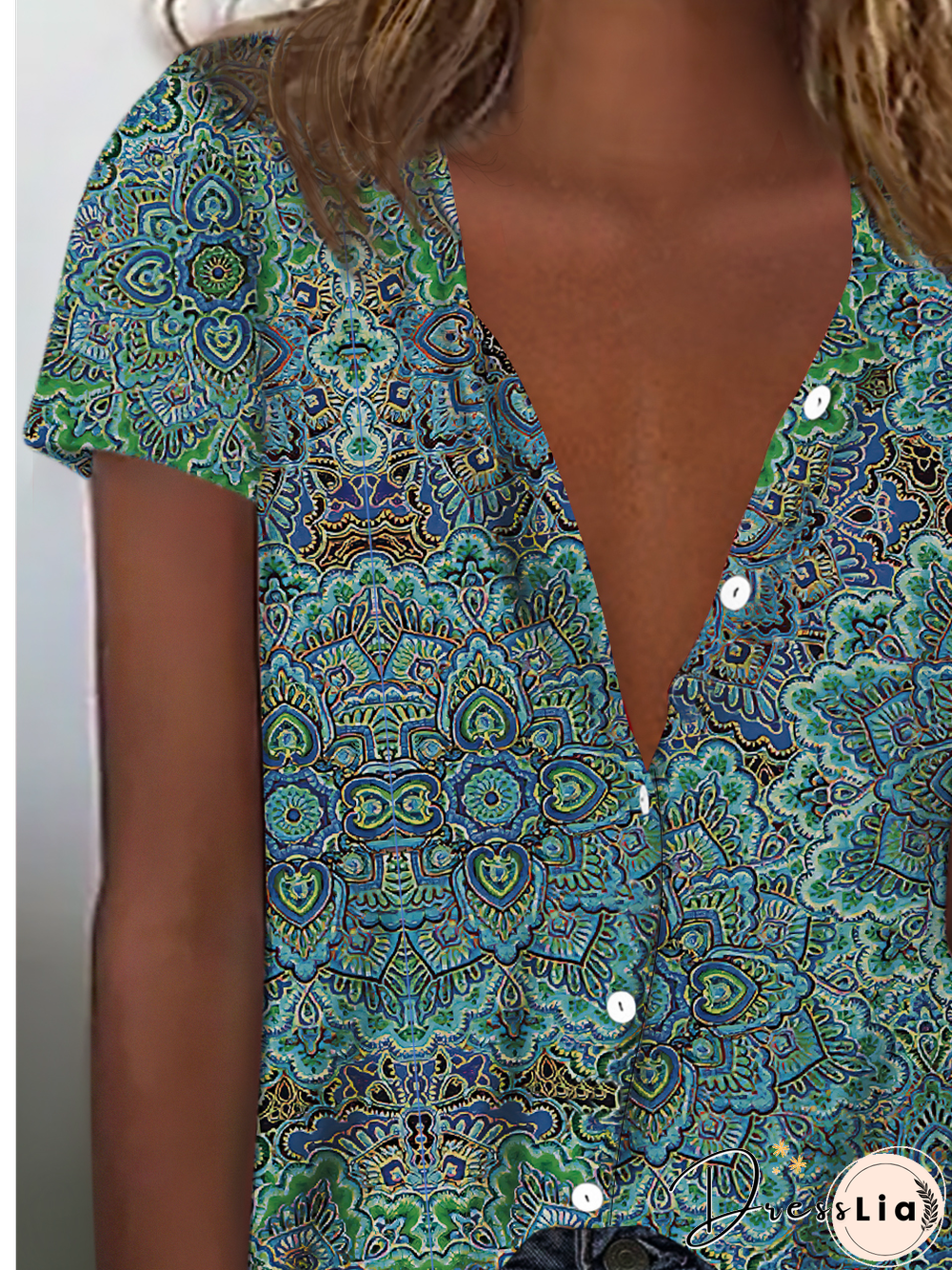 Casual Tribal Geometric Shirt Collar Loosen Blouse