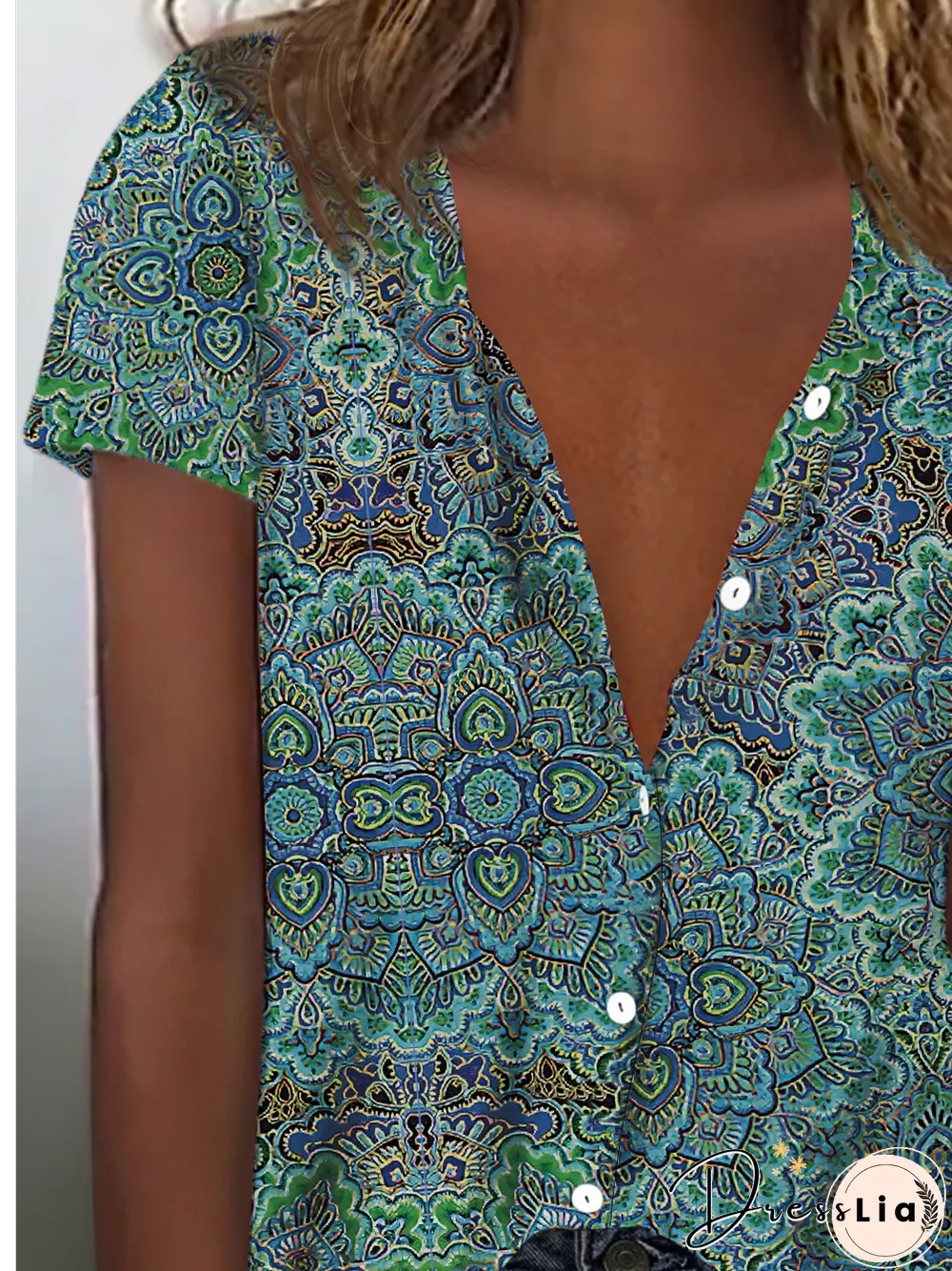 Casual Tribal Geometric Shirt Collar Loosen Blouse